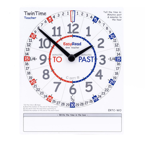Easy Read Twin Time Teacher Card 12hr time & 24hr time on back