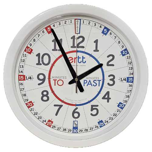 Easy Read Time Teacher Classroom Clock 35cm - WHITE Frame - Red/Blue Face